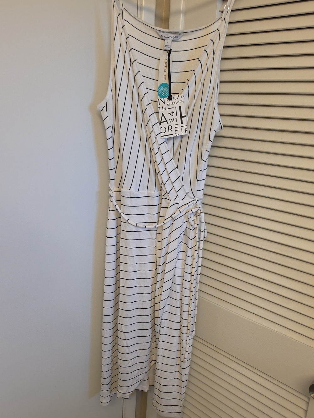 41 Hawthorn White and Black Striped Sleeveless Wrap Midi Dress with Tie